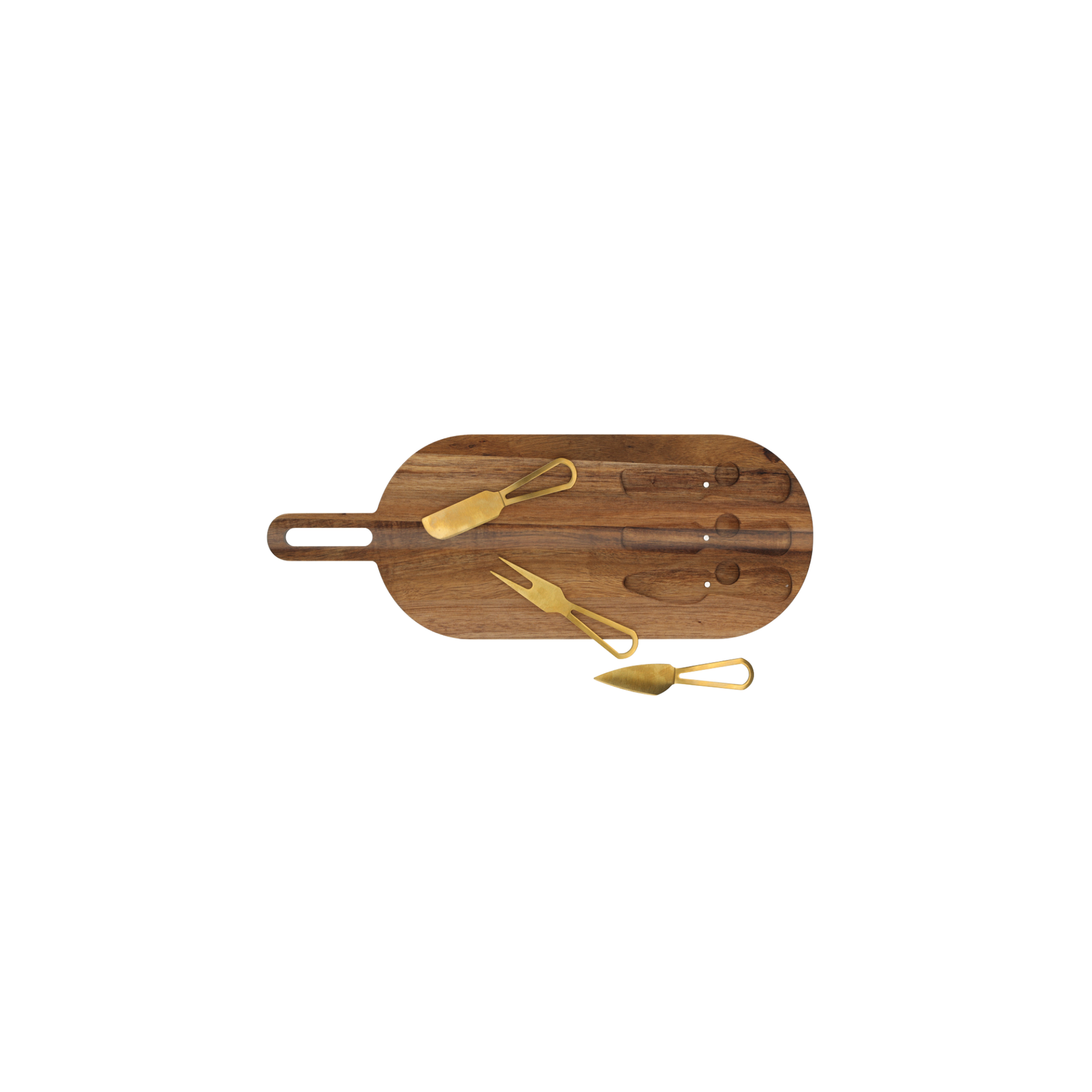 Servierbrett mit goldenen Käsemessern